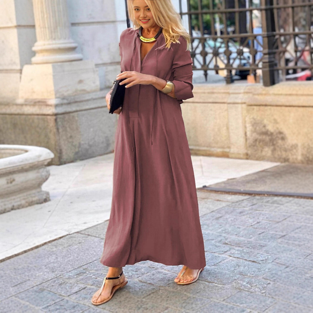 Damen Maxikleid mit verstellbarem Taillenbund und eleganten Ärmeln Drune