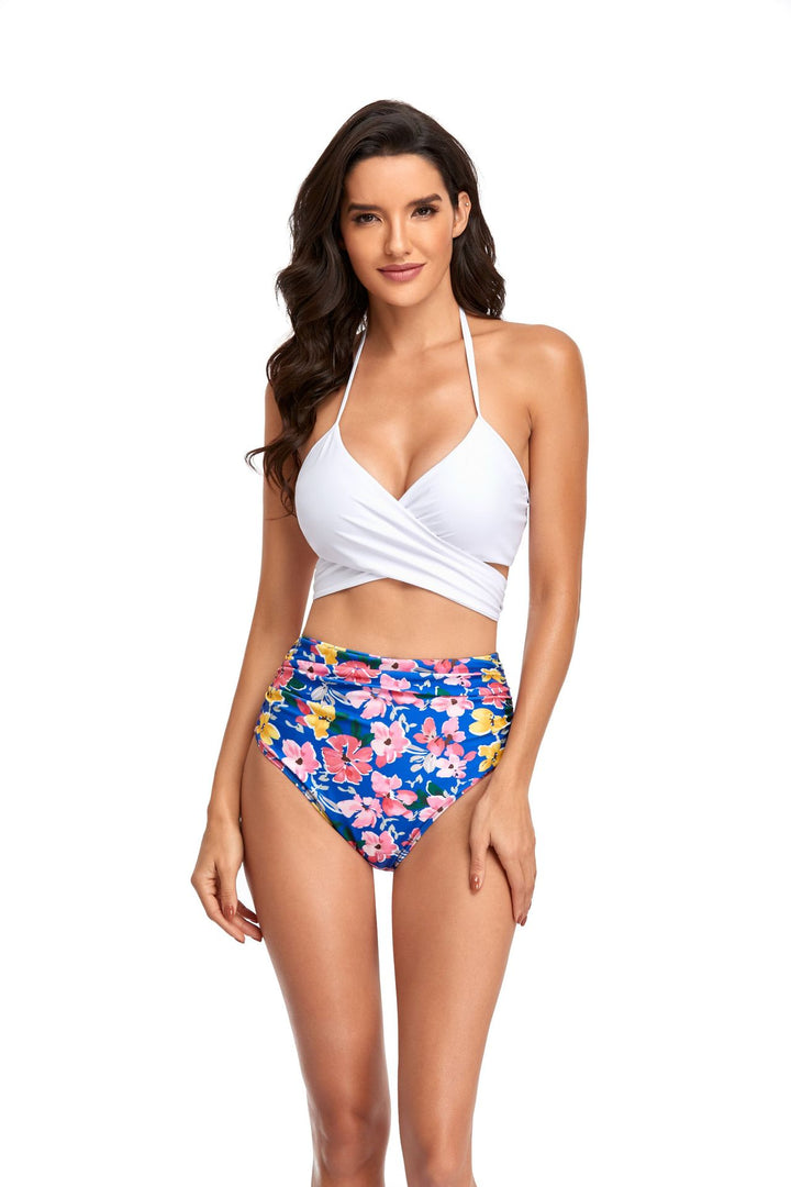 Damen Hochgeschnittener Bikini mit Wickeloberteil und floralen Mustern Drune