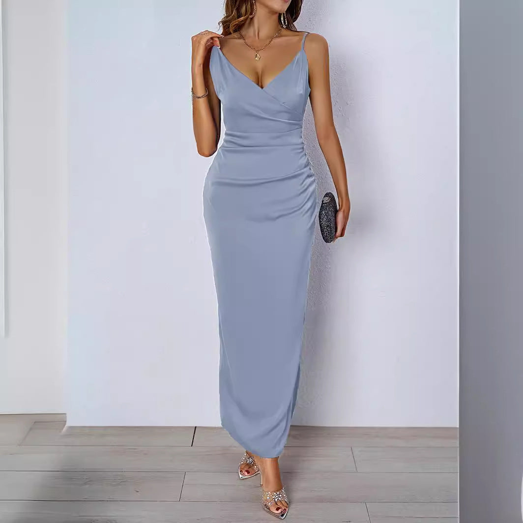 Damen figurbetontes Abendkleid mit V-Ausschnitt und elegantem Drapierungsdesign Drune