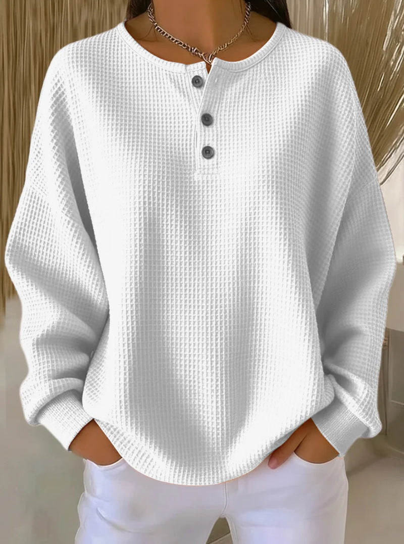 Damen nan Oversized Waffelstrick Henley-Pullover mit Knopfleiste und abgerundetem Saum Drune