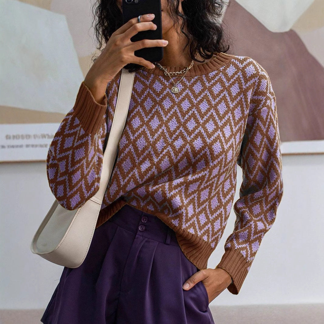 Damen lässiger Strickpullover mit geometrischem Muster Drune
