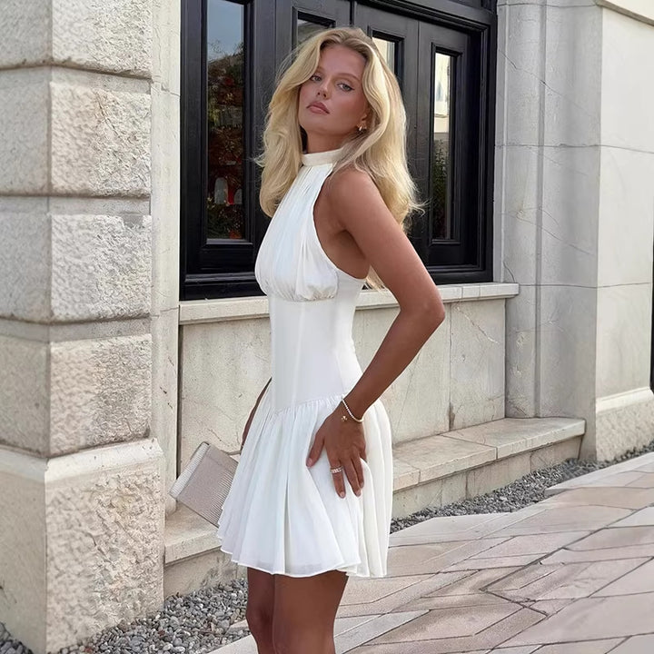 Damen schulterfreies Minikleid mit elegantem Halterneck und schwingendem Rock Drune