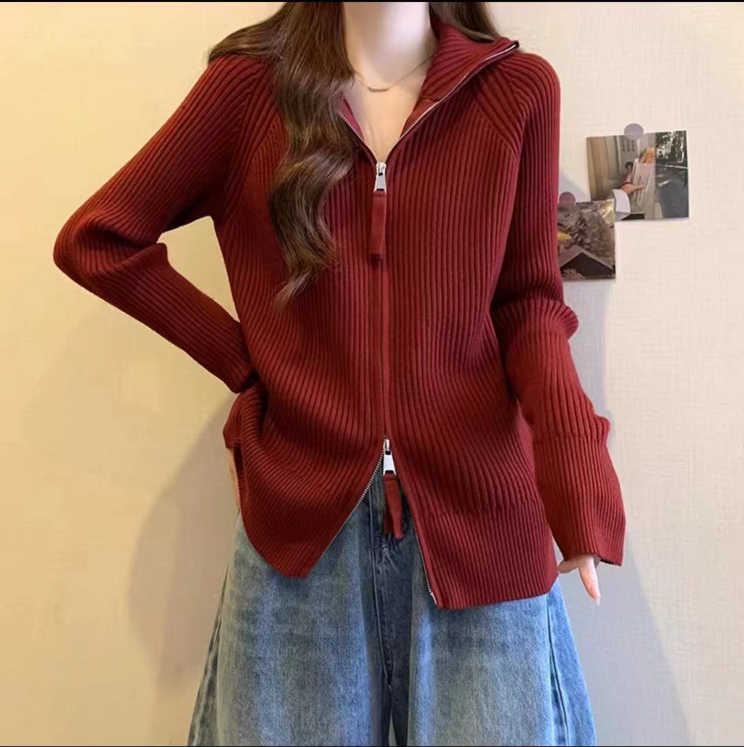 Damen Strickjacke mit hohem Stehkragen und Reißverschluss Drune