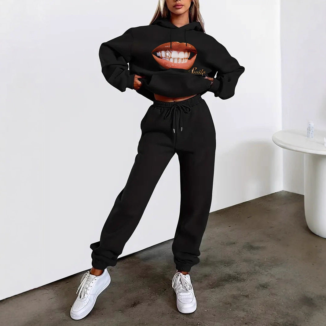 Damen nan Hoodie- und Jogginghose-Set mit Kapuze, Kängurutasche, elastischem Bund und auffälligem Lippen-Statementprint Drune