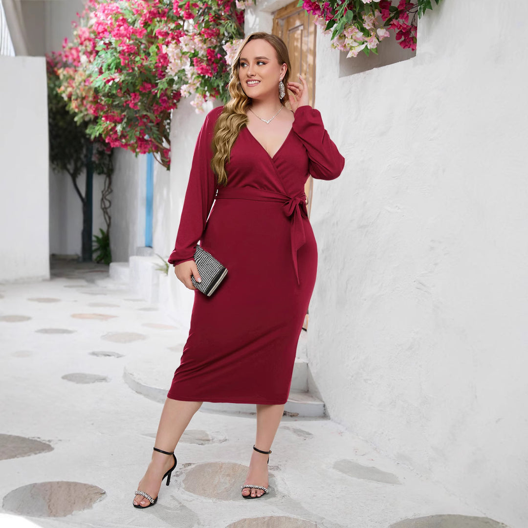 Damen Elegantes Wickelkleid mit taillierter Silhouette und langem Arm Drune