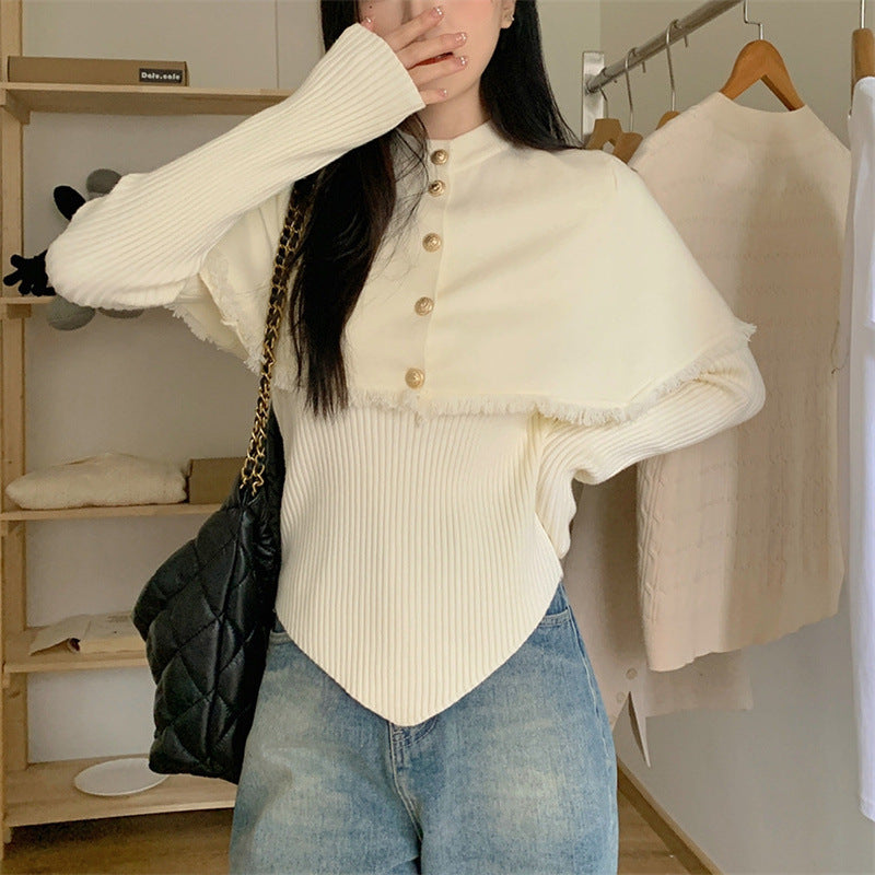 Damen modischer Pullover mit abnehmbarer Schulterpartie und Knopfdetails Drune
