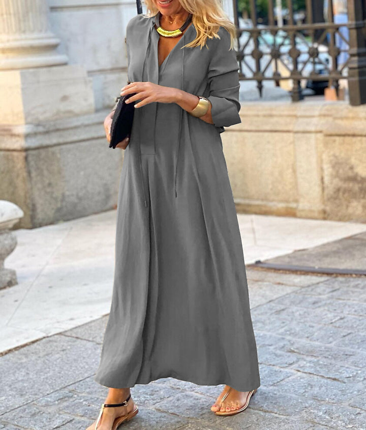 Damen Maxikleid mit verstellbarem Taillenbund und eleganten Ärmeln Drune