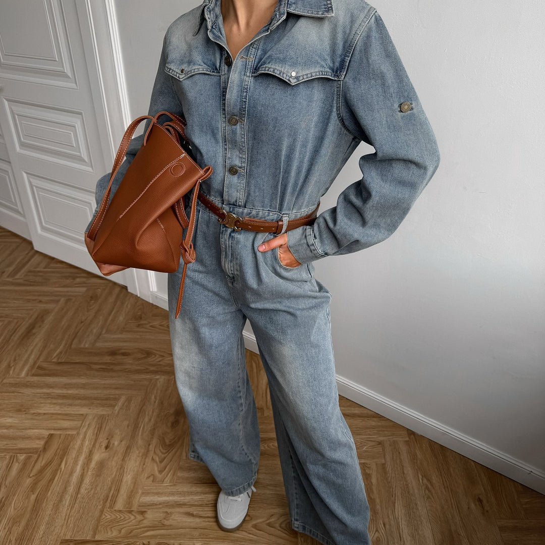 Damen Denim-Jumpsuit mit weitem Bein und modischem Kragen Drune