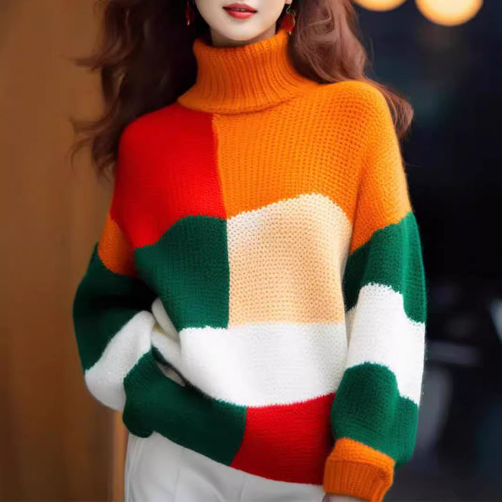Damen Grobstrickpullover mit hohem Kragen und buntem Farbblockdesign Drune