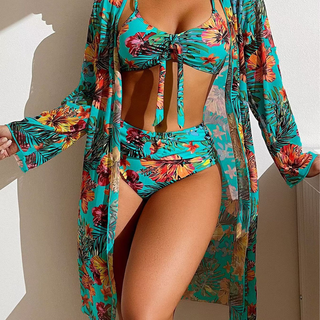 Damen Bikini-Set mit floralen Mustern und luftiger Kimono-Überjacke Drune
