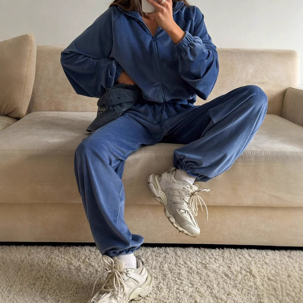 Damen sportlicher Fleece-Jogginganzug mit praktischen Taschen und hohem Kragen Drune