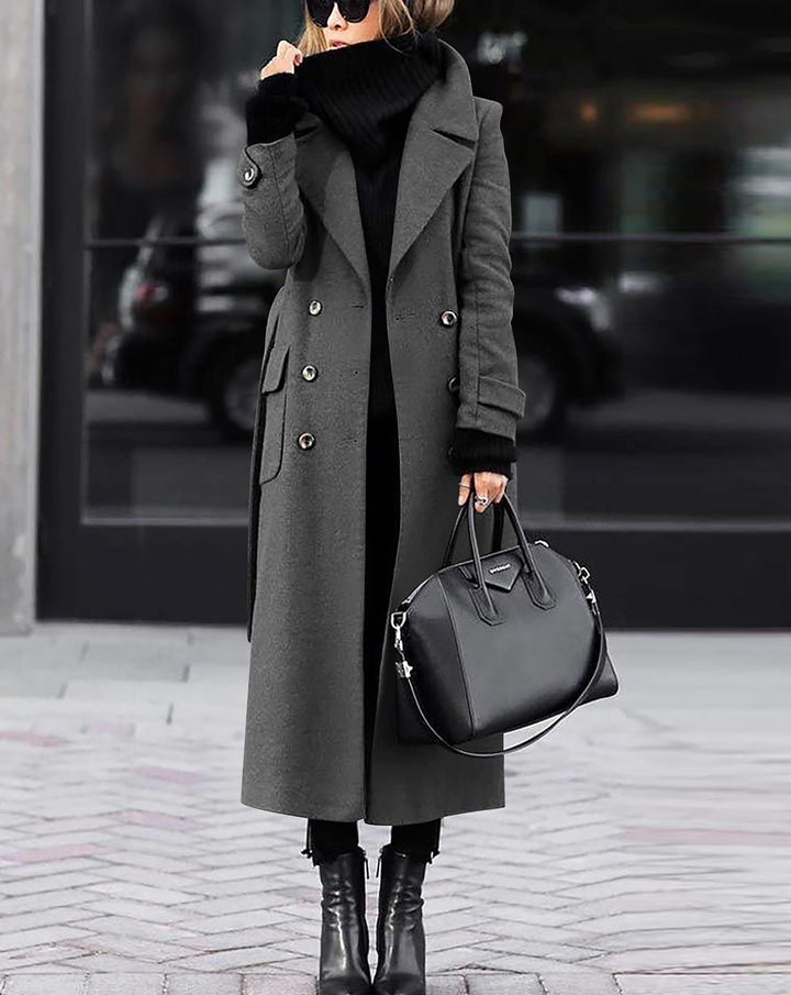 Damen nan eleganter Maxi-Wollmixmantel mit doppelreihiger Knopfleiste, weitem Reverskragen und aufgesetzten Taschenklappen Drune