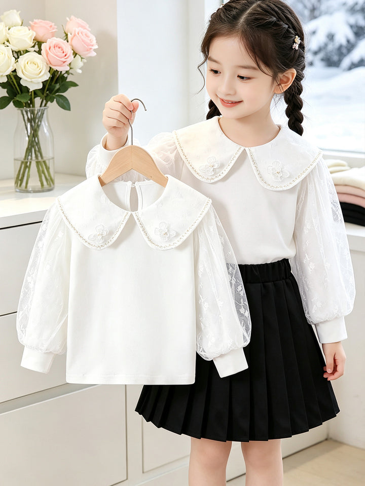 Mädchen Bluse mit elegantem Tüllkragen und floralen Applikationen Drune