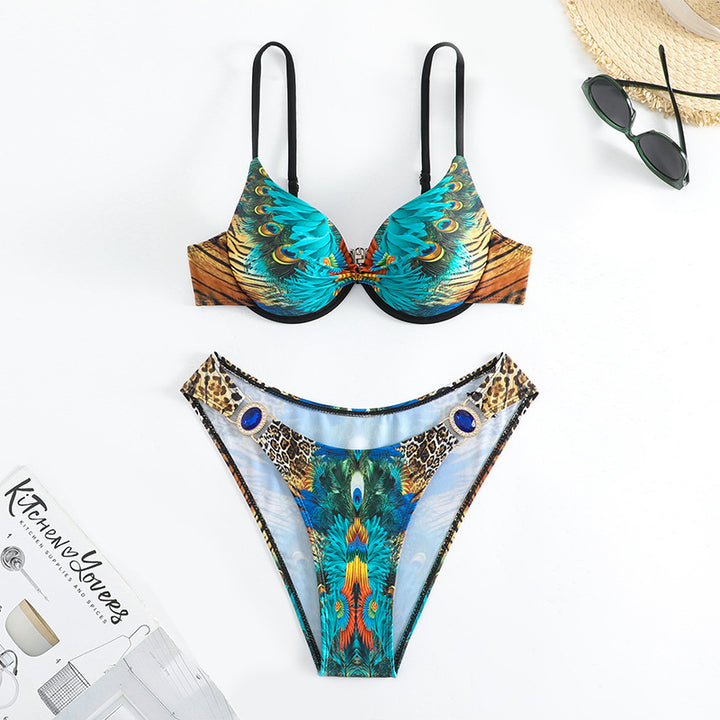Damen Triangel-Bikini mit exotischem Federdesign und verstellbaren Trägern Drune