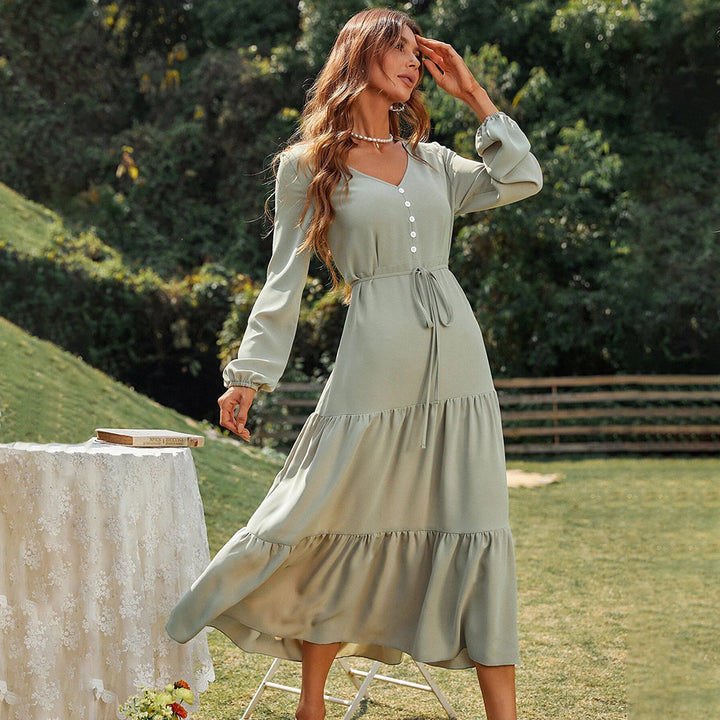 Damen Maxi-Kleid mit eleganten Puffärmeln und tailliertem Schnitt Drune