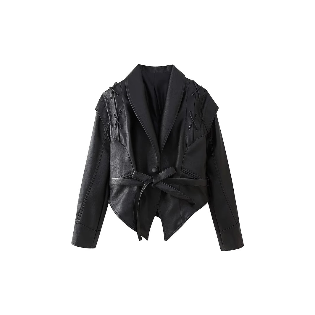 Damen modische Kunstlederjacke mit dekorativer Schnürung und zeitgemäßem Schnitt Drune
