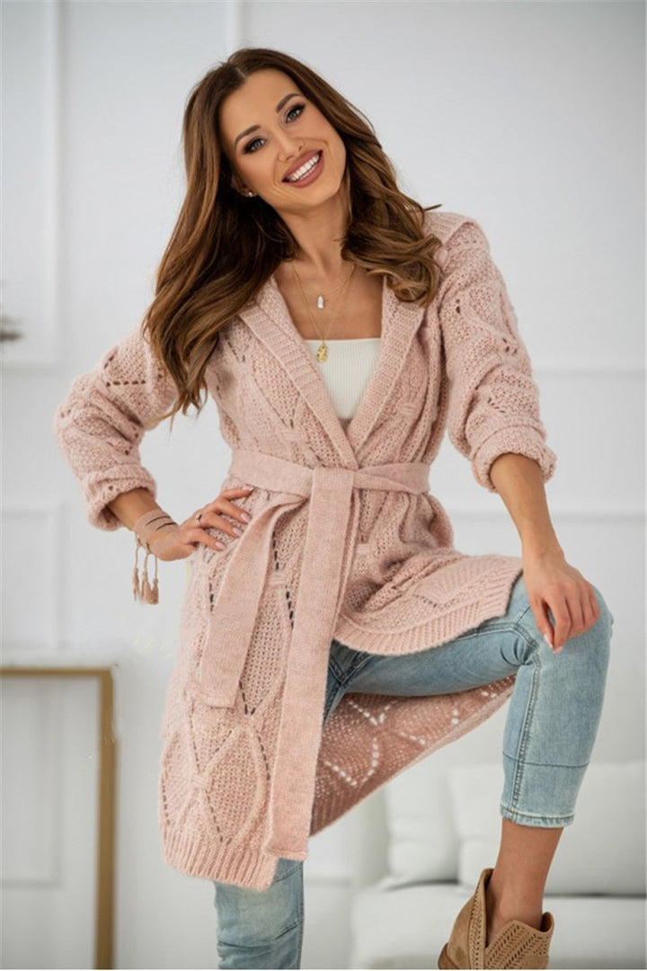 Damen Strickmantel mit Gürtel und modernem Zopfmuster Drune