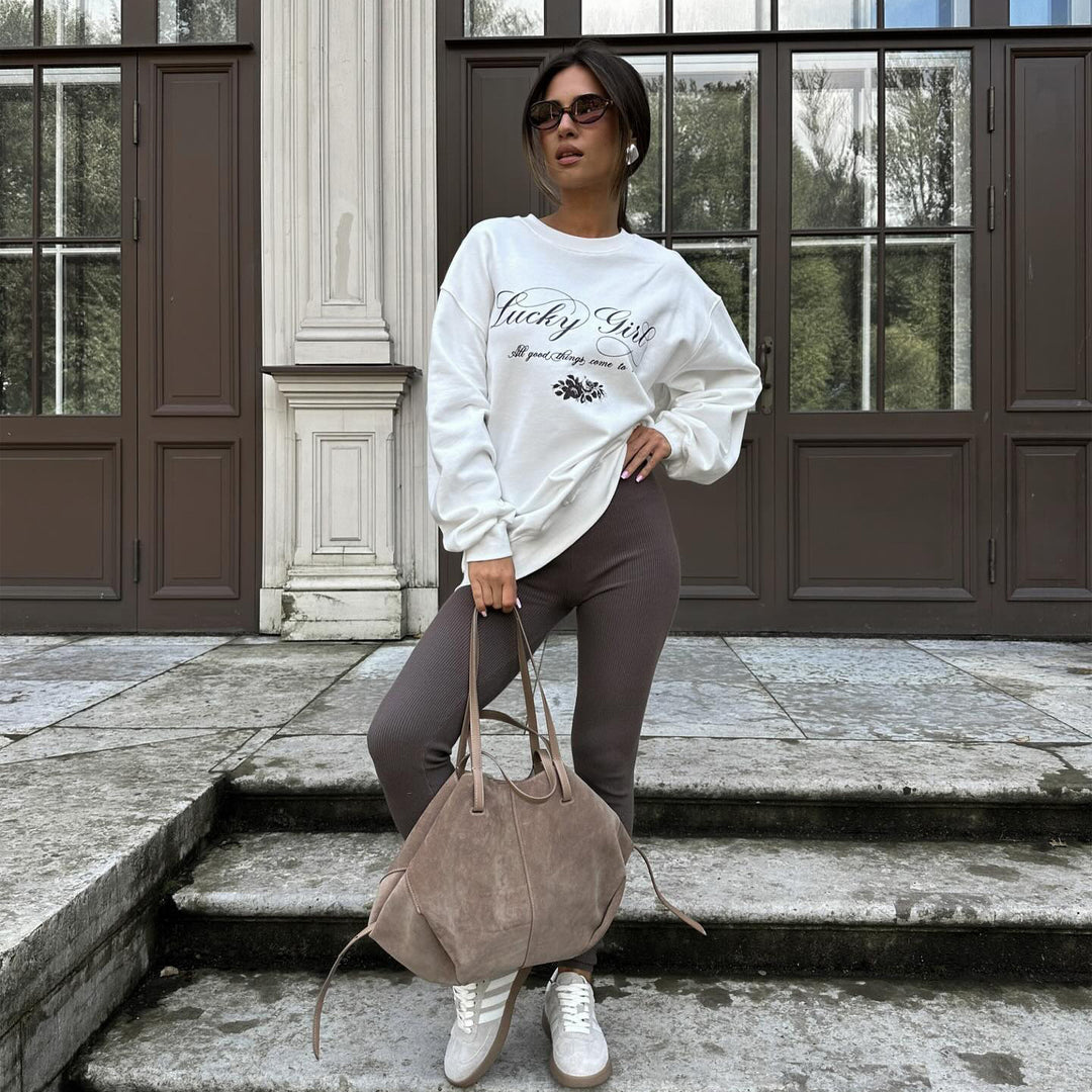 Damen lässiger Sweatshirt mit elegantem Schriftzug Drune