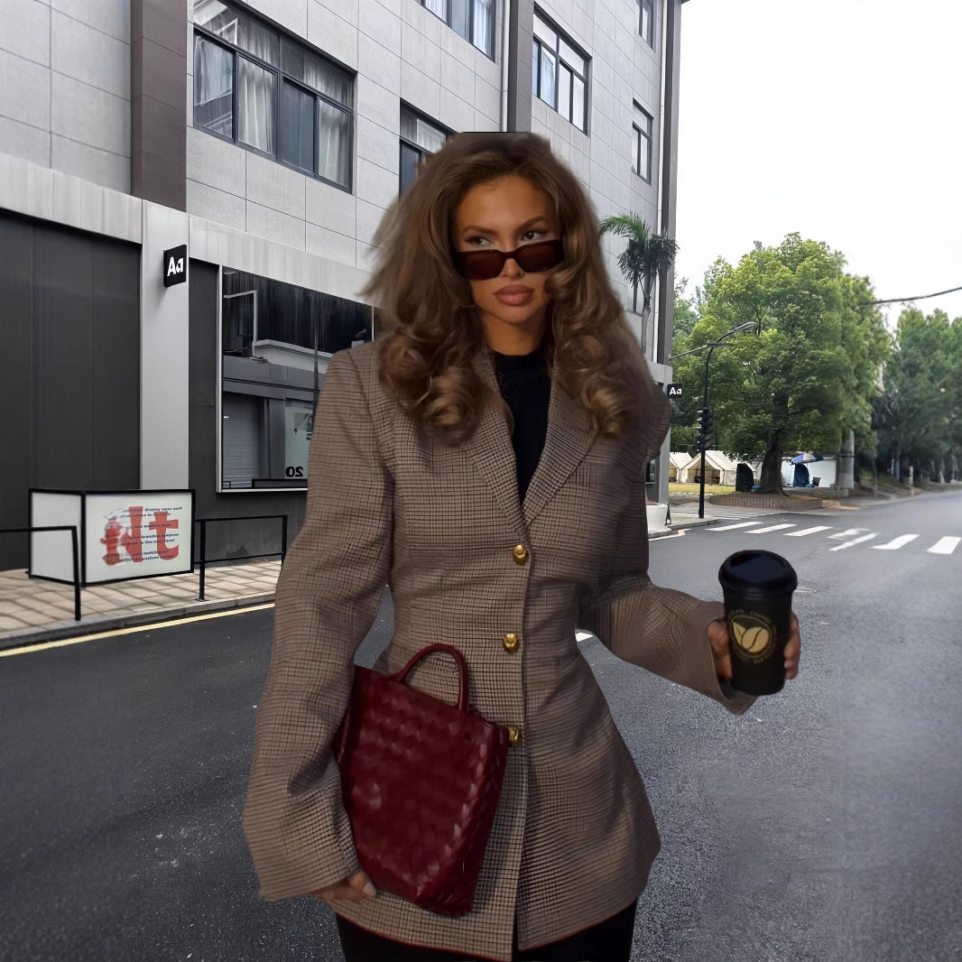 Damen Elegante Karojacke mit strukturiertem Schnitt und Goldknöpfen Drune