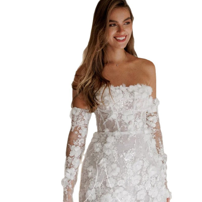 Damen Hochzeitskleid mit verführerischem floralem Design und transparenten Ärmeln Drune