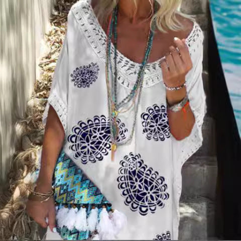 Damen Strandtunika mit farbenfrohem Muster und weiten Ärmeln Drune