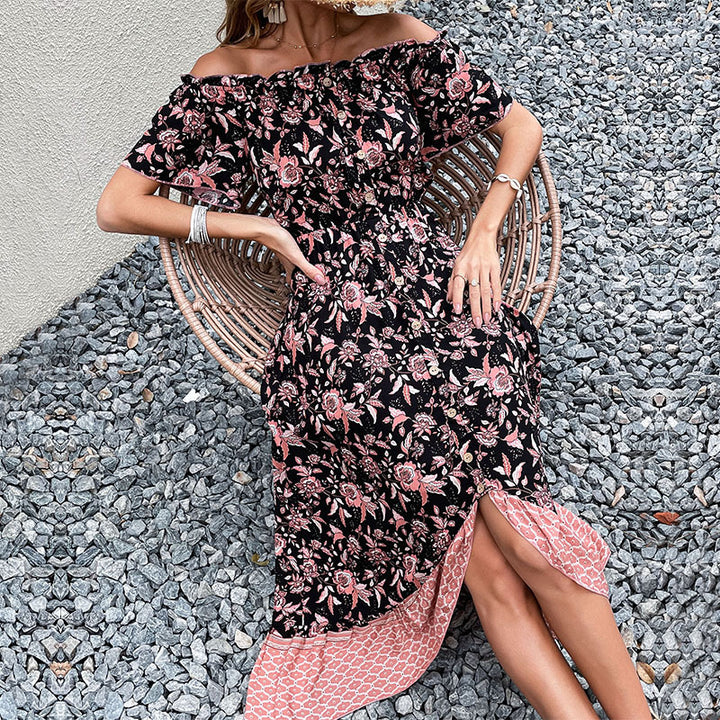 Damen Off-Shoulder Maxikleid mit floralem Muster und hohem Schlitz Drune