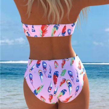Damen Bandeau-Bikini mit einzigartigem Federmuster und hohem Taillenschnitt Drune