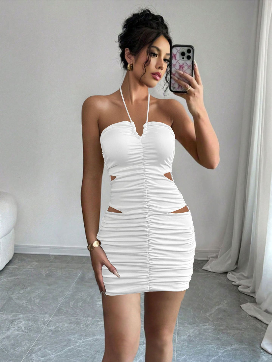 Damen Sexy Minikleid mit cut-out Details und gerafftem Design Drune