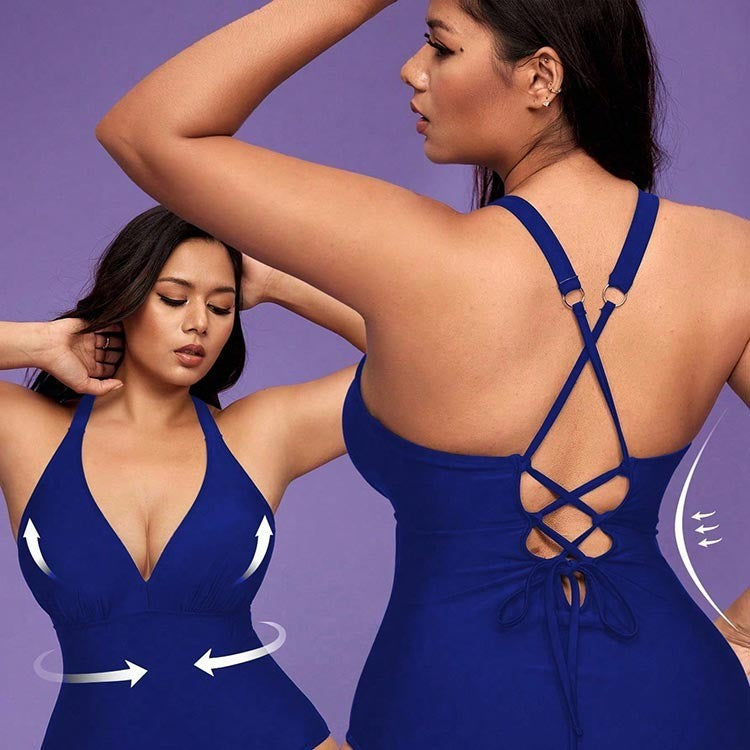 Damen eleganter Badeanzug mit tiefem V-Ausschnitt und figurformendem Schnitt Drune