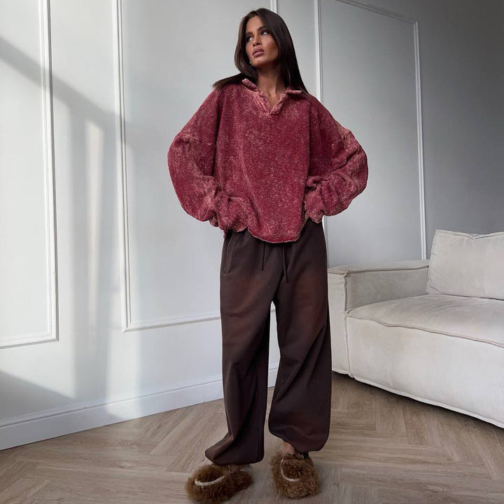 Damen Lässiger Oversized Pullover mit Rüschensaum und V-Ausschnitt Drune