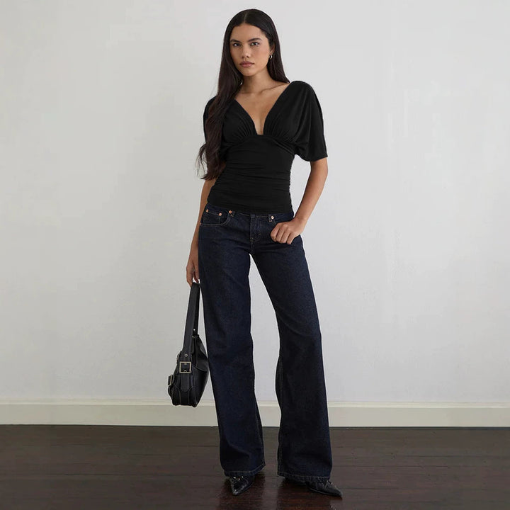 Damen Elegantes Oberteil mit tiefem V-Ausschnitt und lässigem Drapierungsdesign Drune