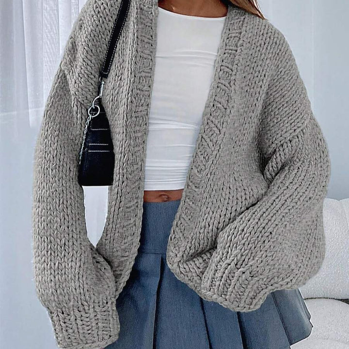 Damen Grobstrick Cardigan mit voluminösen Ärmeln und tiefem V-Ausschnitt Drune