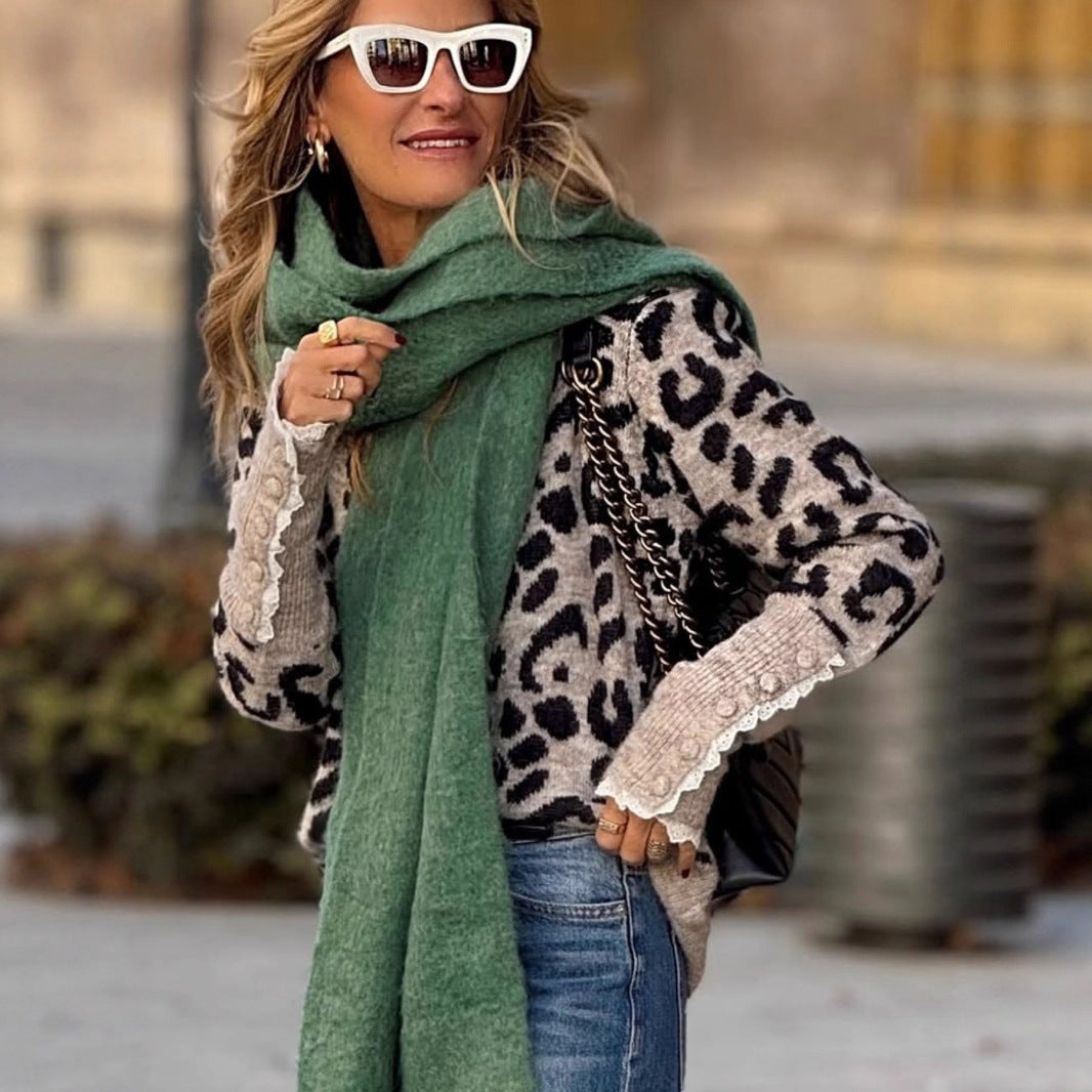 Damen Strickpullover mit elegantem Leo-Muster und Rüschendetails Drune