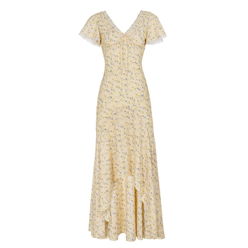 Damen Maxikleid mit romantischem Blumenmuster und verspieltem V-Ausschnitt Drune
