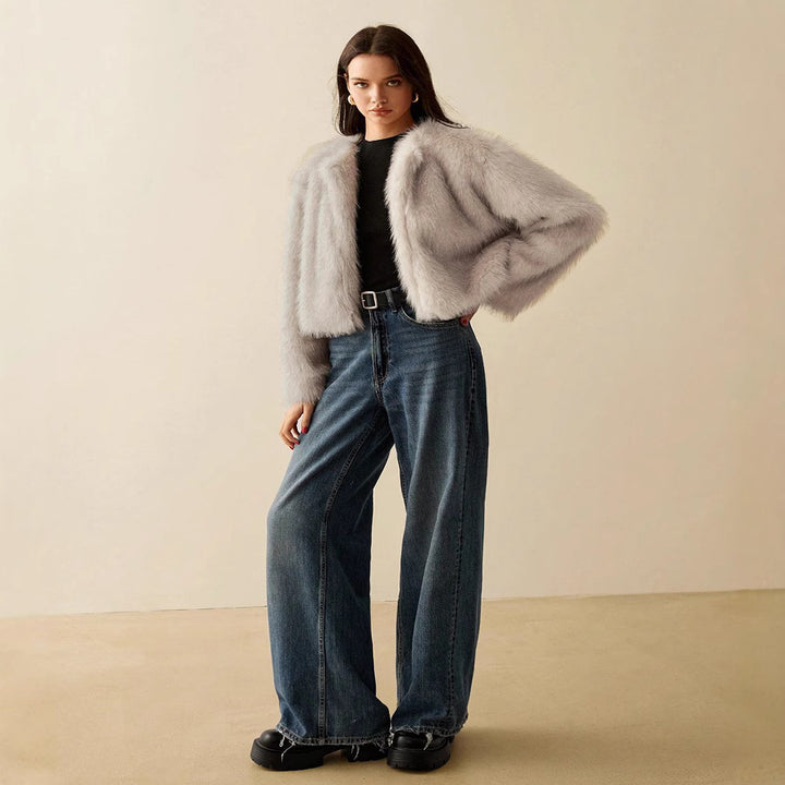 Damen extravagante Kurzarm-Felljacke mit voluminösen Ärmeln Drune