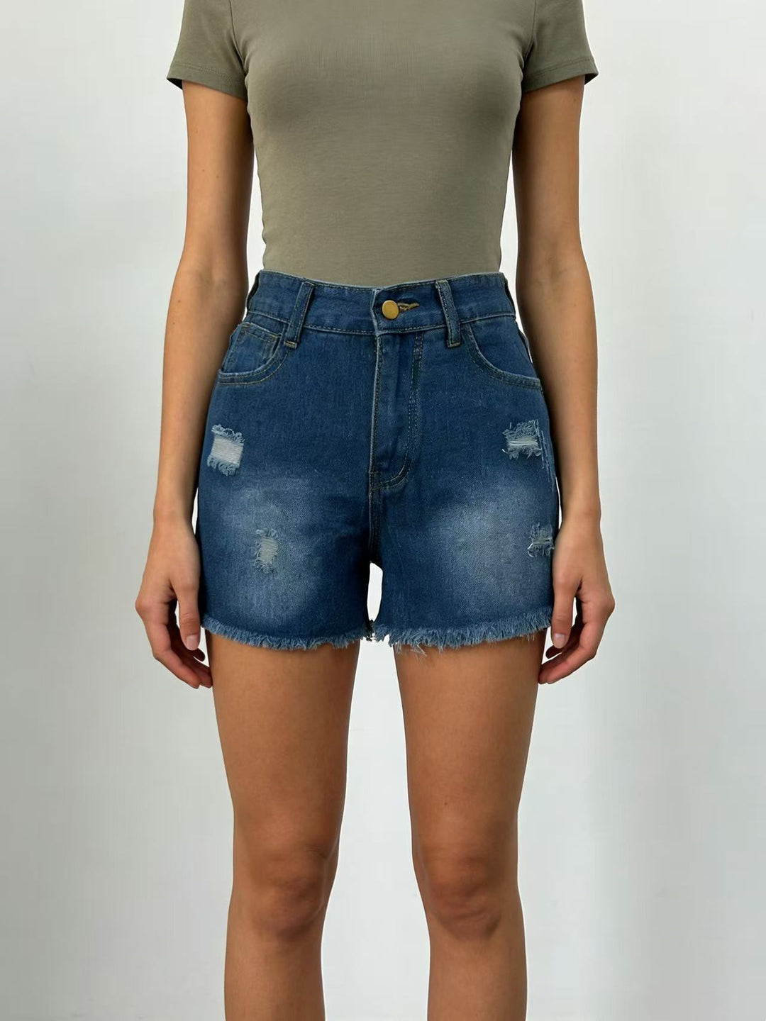 Damen Crop Top und High-Waist Jeans-Shorts Drune
