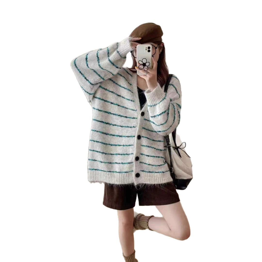 Damen Grobstrickcardigan mit kontrastierenden Streifen und sanften Ärmeln Drune