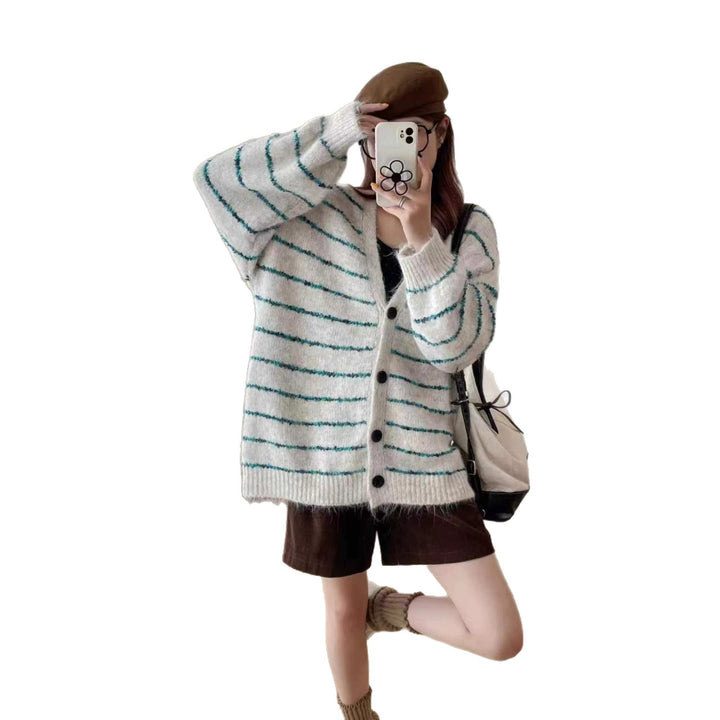 Damen Grobstrickcardigan mit kontrastierenden Streifen und sanften Ärmeln Drune