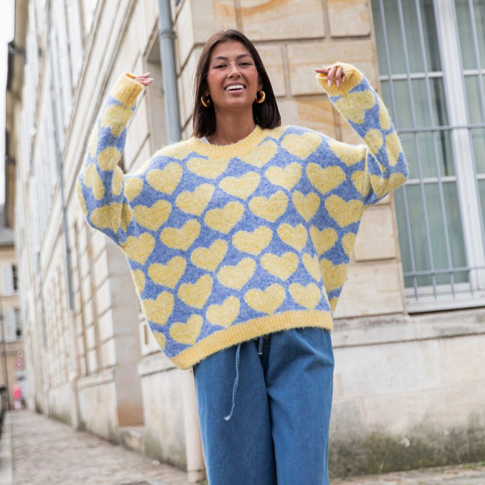 Damen Oversized Pullover mit Herzmuster und weitem Schnitt Drune