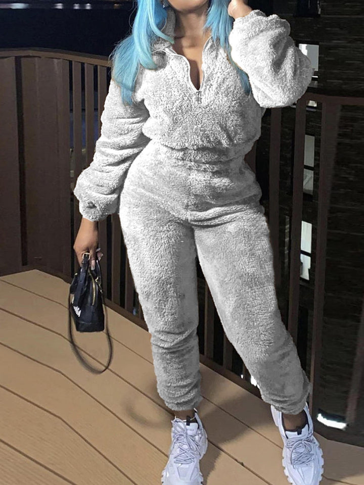 Damen nan kuscheliges Teddy-Fleece Zweiteiler mit Halbreißverschluss und High-Waist Jogginghose Drune