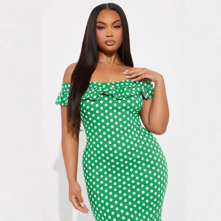 Damen Elegantes Maxikleid mit Rüschendetails und Polka-Dots Drune