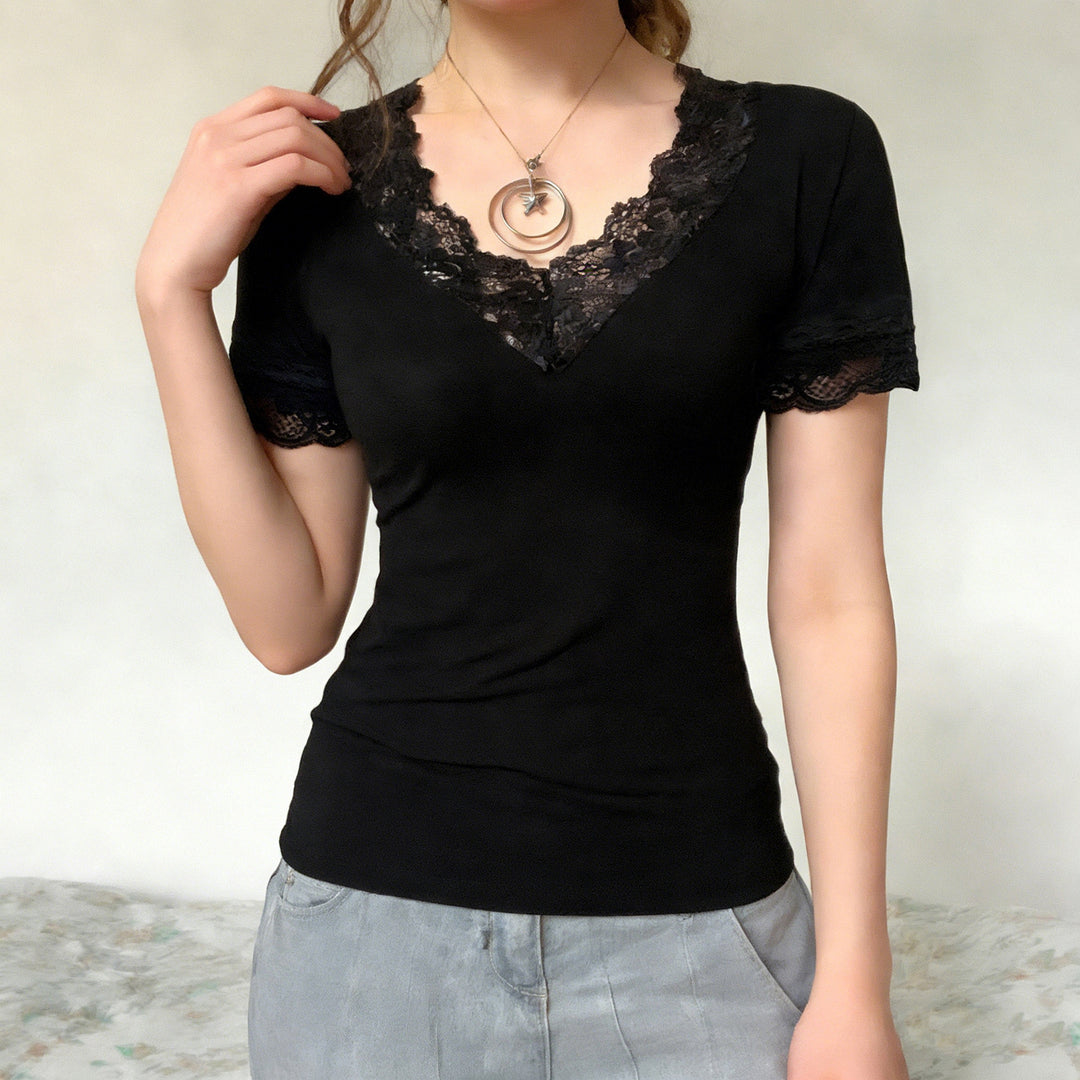 Damen Elegantes Spitzen-T-Shirt mit V-Ausschnitt und Kurzarm Drune