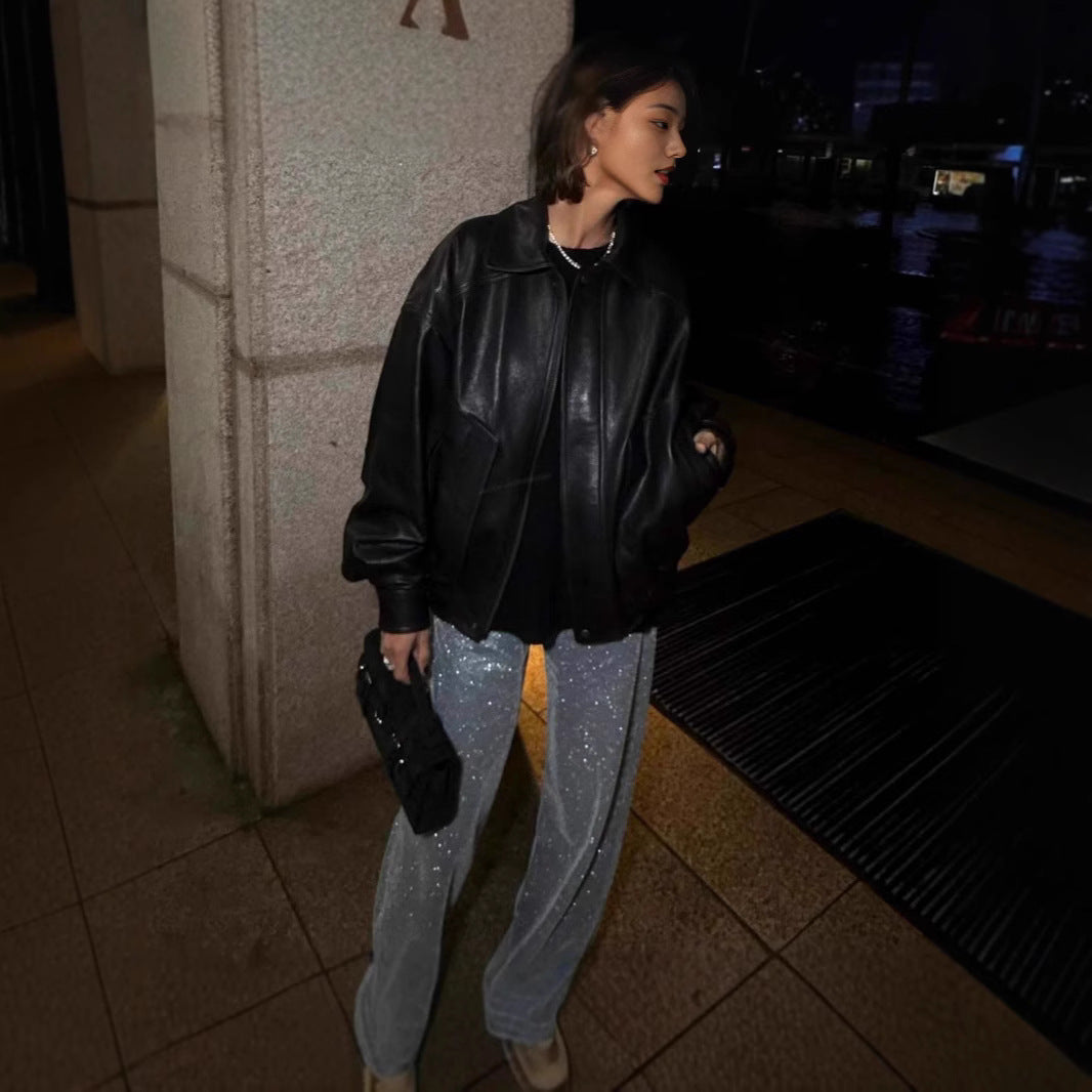 Damen Stilvolle Lederjacke mit lässigem Schnitt und praktischen Taschen Drune