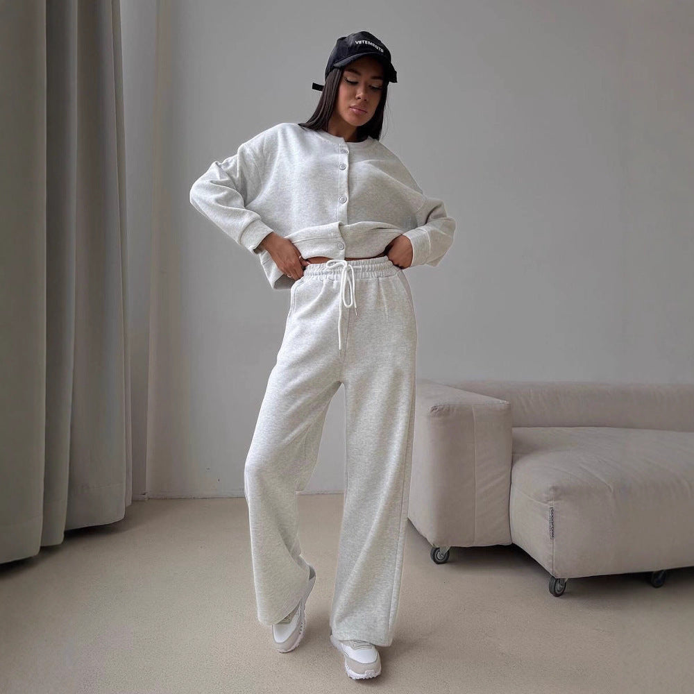 Damen Bequeme Freizeitjacke mit Knopfleiste und weiten Hosen Drune