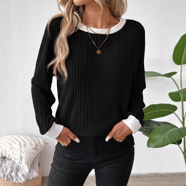 Damen lässiger Pullover mit optimalem Rippenstrickdesign und kontrastrierendem Besatz Drune