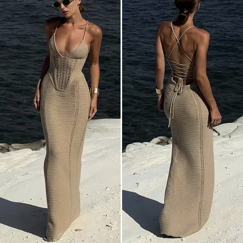 Damen Häkel-Maxikleid mit tiefem V-Ausschnitt und figurbetontem Schnitt Drune