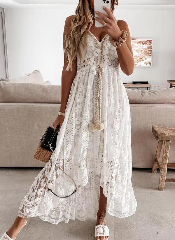 Damen Spitzen Maxi-Kleid mit zarten Häkel- und Rüschendetails Drune