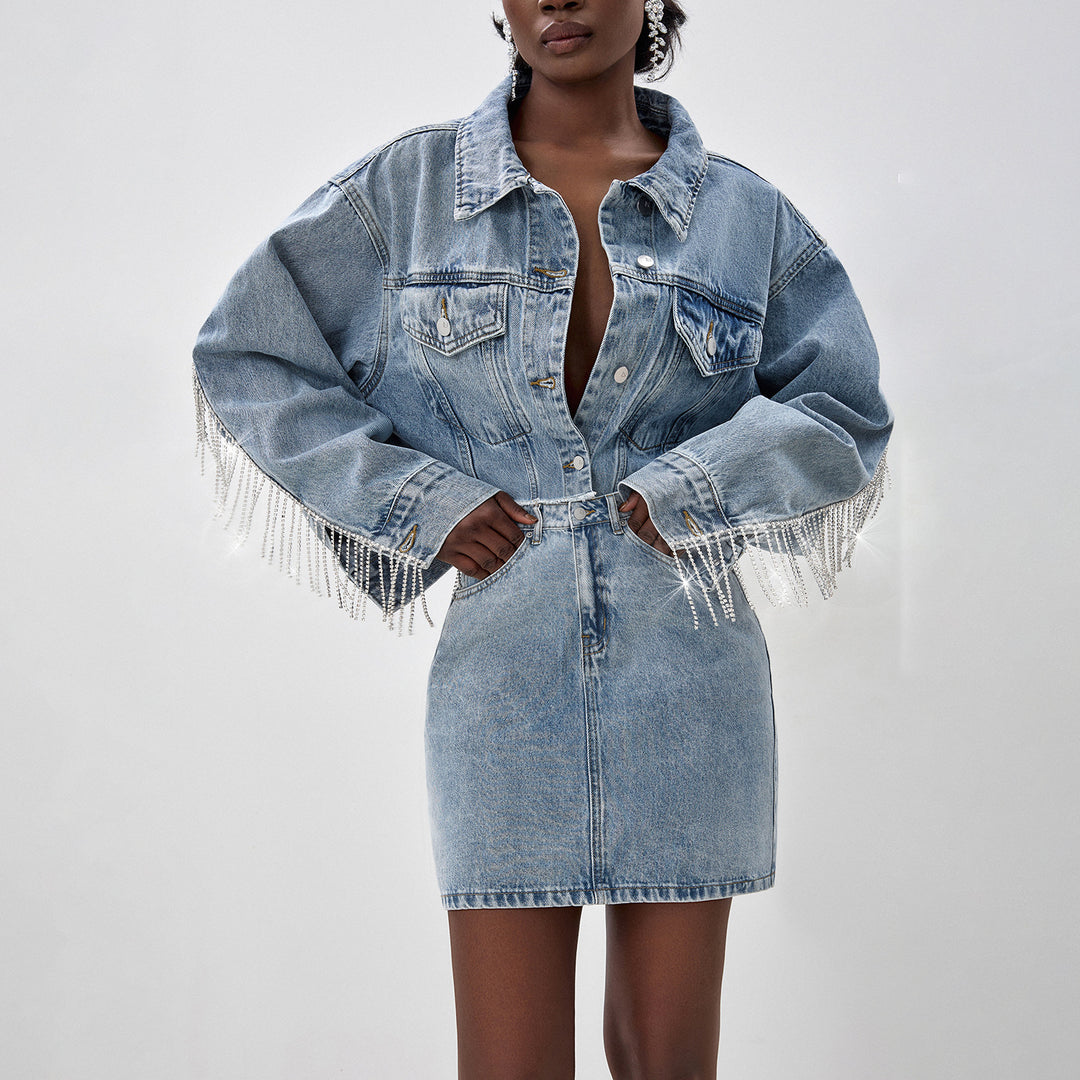 Damen Denim-Hemdjacke mit auffälligem Fransen-Design Drune