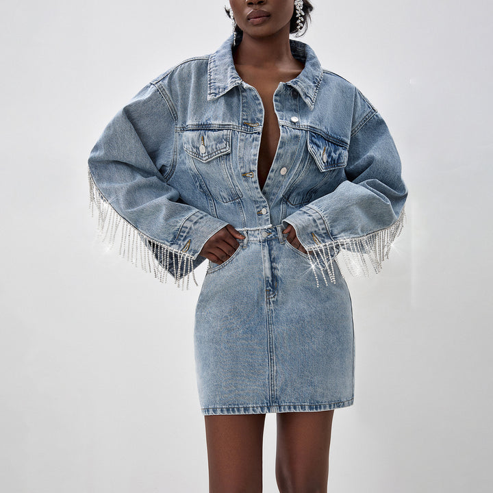 Damen Denim-Hemdjacke mit auffälligem Fransen-Design Drune
