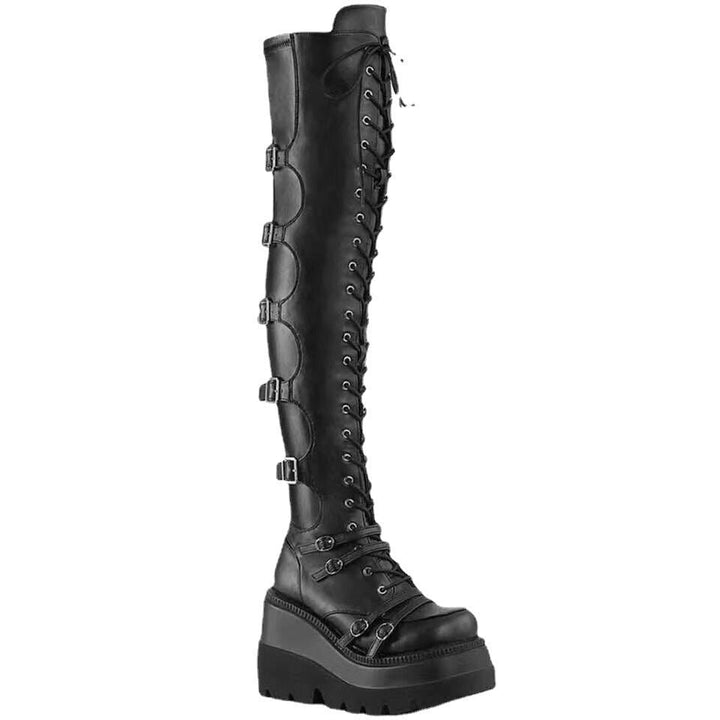 Damen Überknie Stiefel mit Schnallen-Detail und robustem Plateau Drune